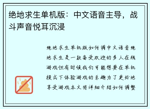 绝地求生单机版：中文语音主导，战斗声音悦耳沉浸