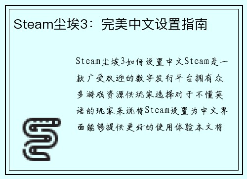 Steam尘埃3：完美中文设置指南