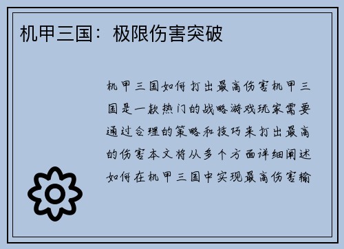 机甲三国：极限伤害突破