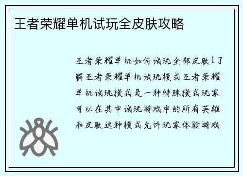 王者荣耀单机试玩全皮肤攻略
